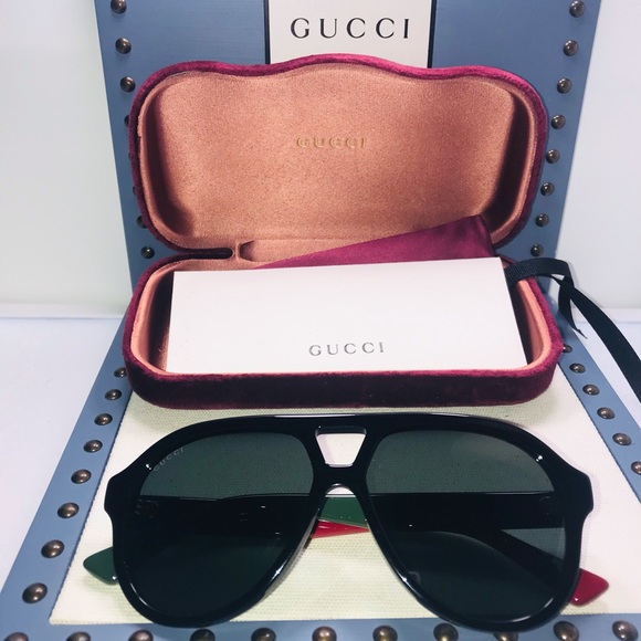 New - Gucci Black Red Green 0159 Stripe Aviator Unisex Gg0159 Sunglasses - Picture 15 of 16